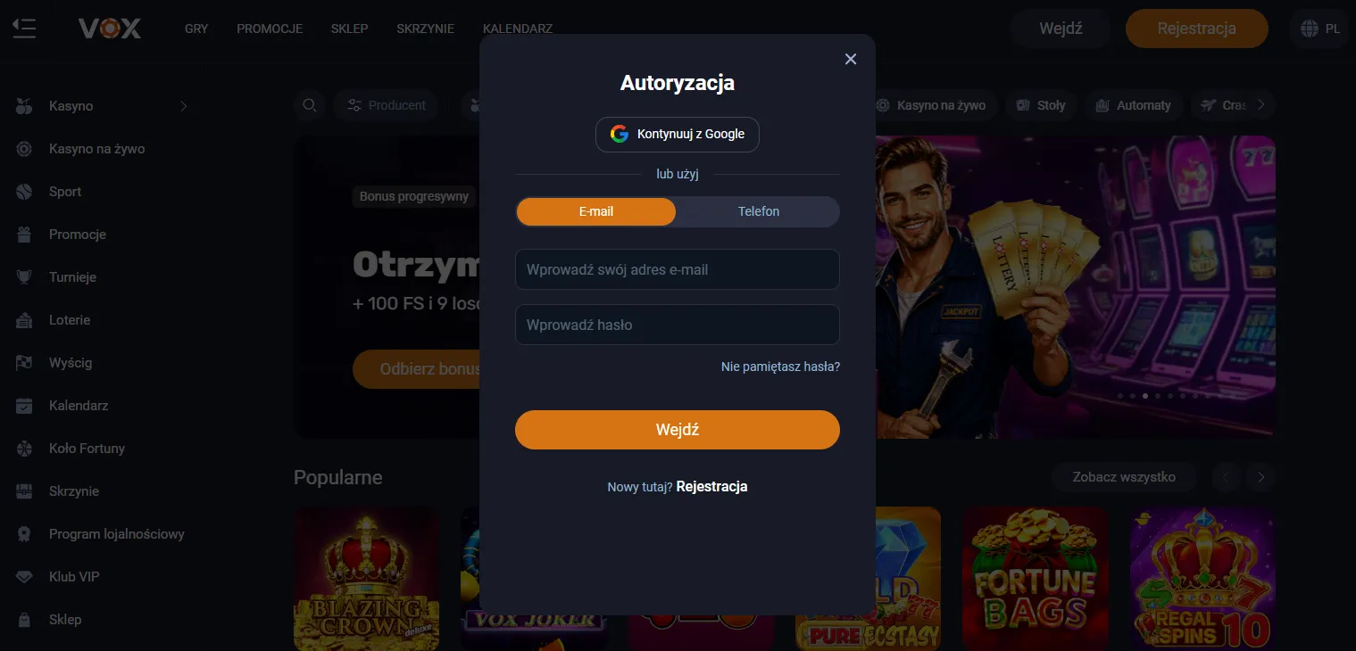 Jak zalogować się do VOX Casino instrukcja