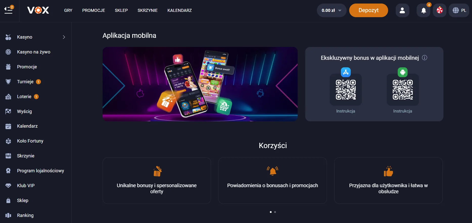 VOX Casino logowanie z urządzeń mobilnych aplikacja